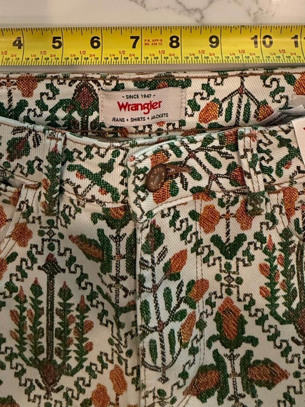 Wrangler High-Rise Fierce Flare Vibrant Printed Jeans in Green & Orange - Picture 10 of 10